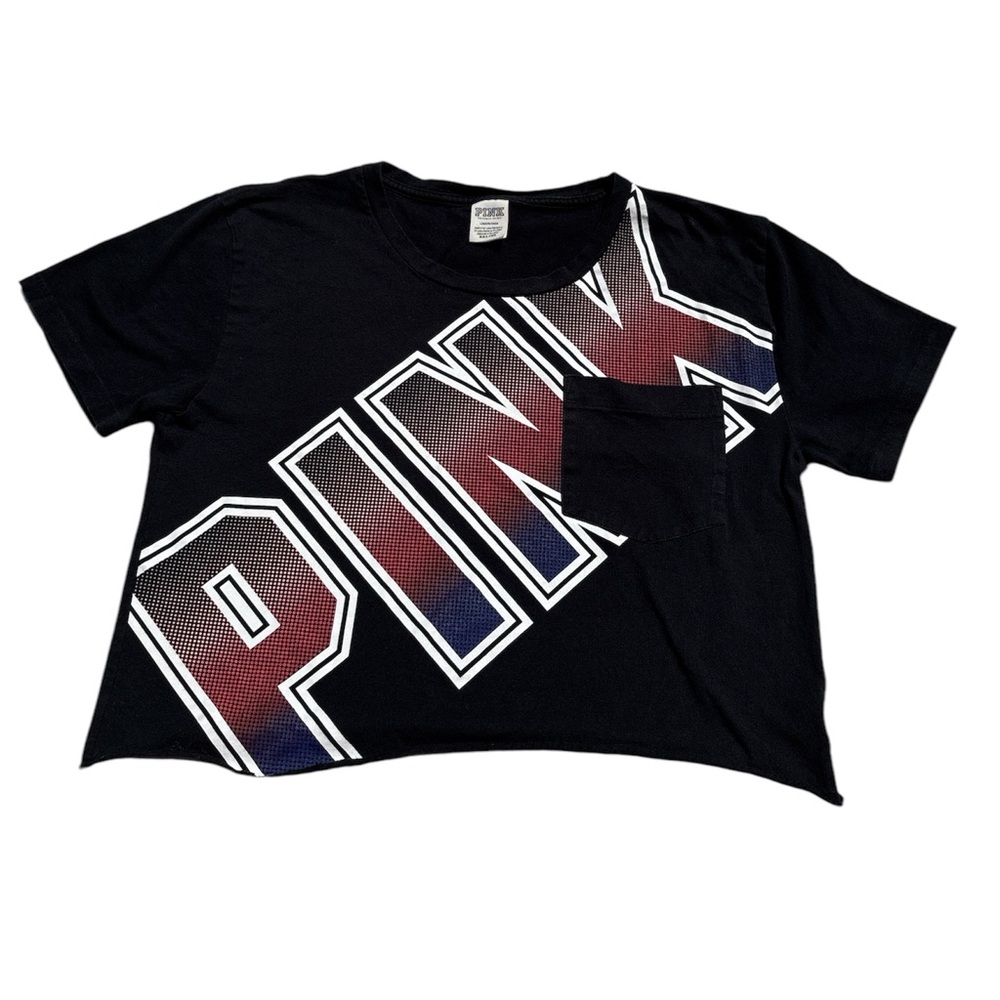Pink Victoria's Secret Women Black Graphic Cropped Short Sleeve T-Shirt Size L